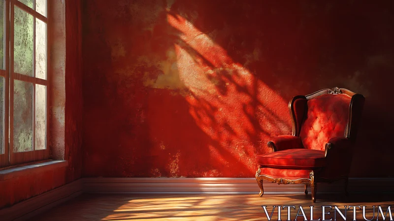 Golden afternoon light warms a quiet red reading chair