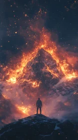 Solitary Figure Confronting Volcanic Eruption at Night.