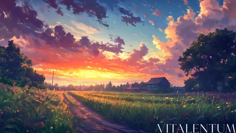 Rural dirt road at vivid sunset with farmhouse and wildflower meadow