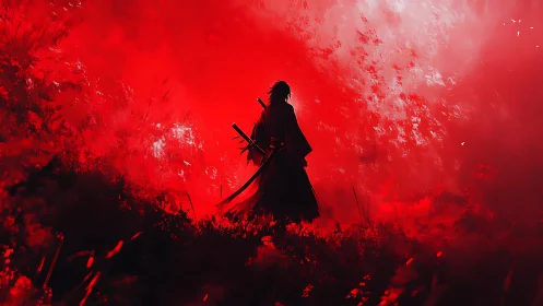 Lone samurai carves silence into a storm of crimson light