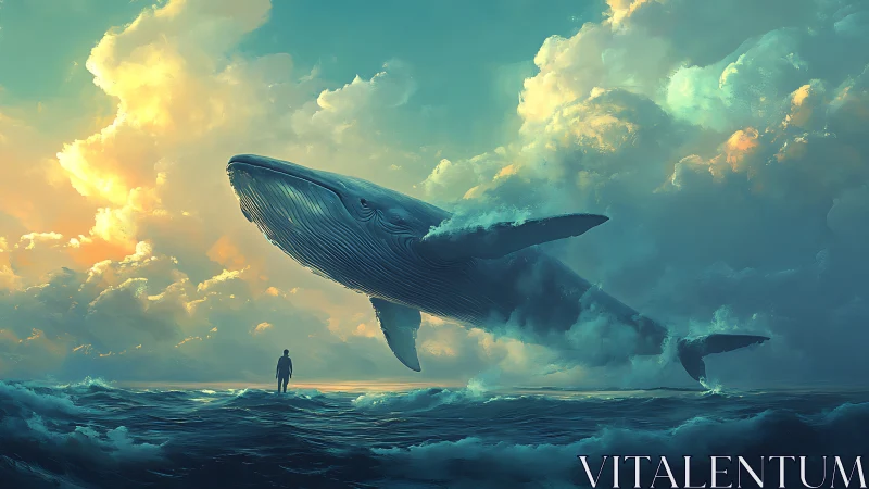 Majestic sky-whale soars above waves as a lone dreamer watches