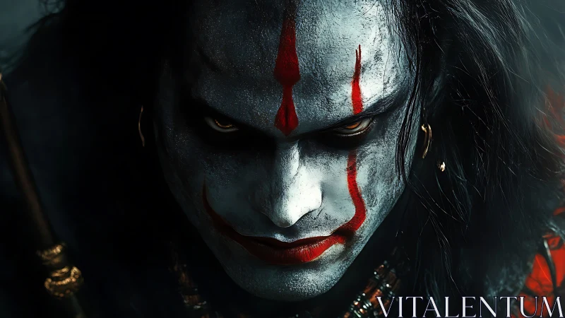 Close frontal view of painted face with red vertical lines.