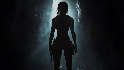 Silhouetted explorer framed in backlit cavern entrance composition.