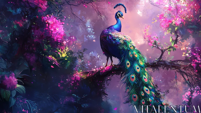 Iridescent peacock on branch in saturated bioluminescent forest