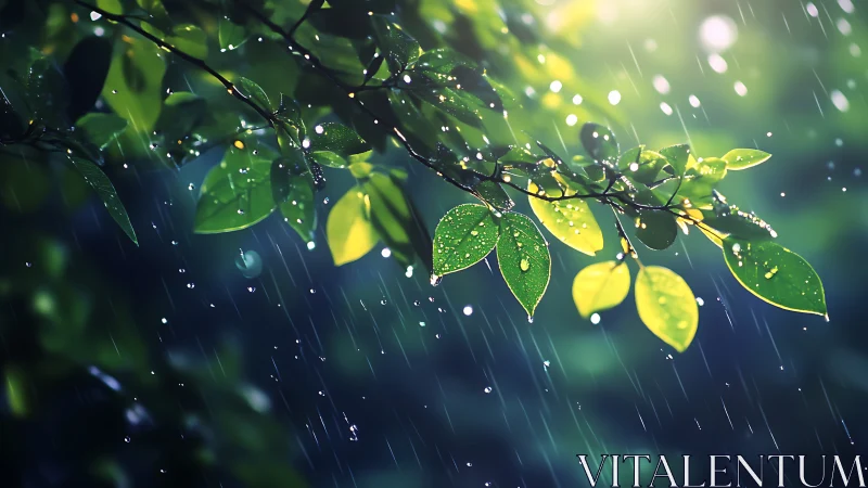 Sunlit spring leaves glisten gently under fresh rainfall