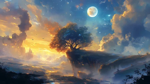 Lone moonlit tree adrift on a glowing sky island.