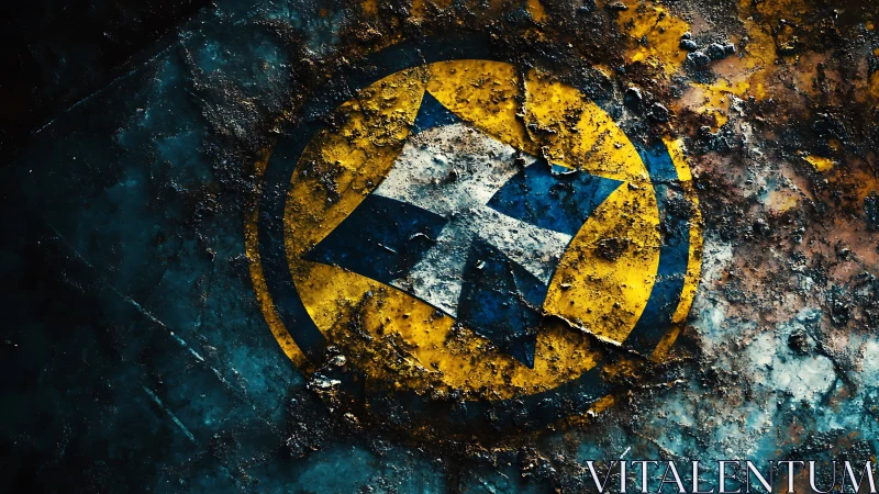 Weathered hazard emblem lies corroded in gritty metal surface