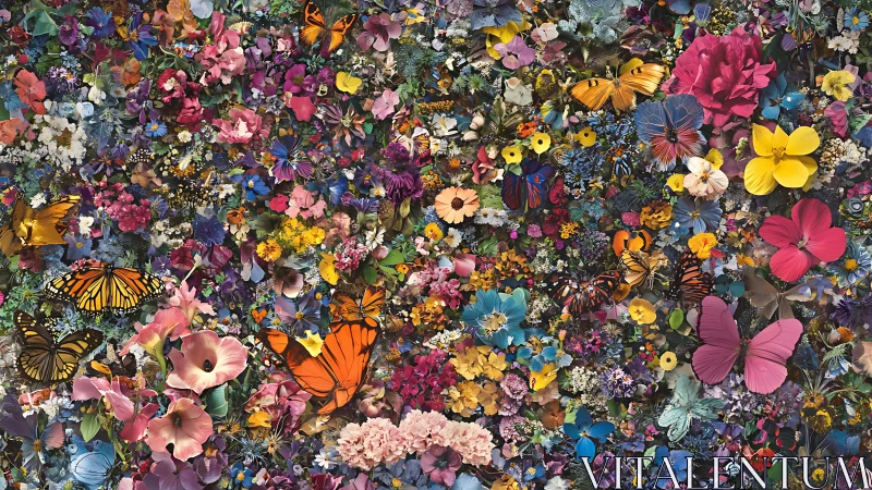 Vibrant Floral Tapestry: Butterflies and Blossoms in Dense Botanical Composition.