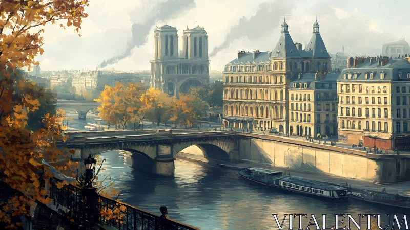Digital painting of autumnal Paris riverside with bridges and spires.