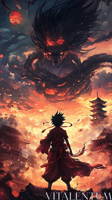 Fiery warrior confronts colossal demon above burning pagodas.