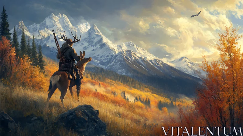 Hunter on stag overlooking alpine valley under autumn luminance.