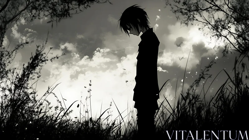 Quiet silhouette among wild grass under a brooding sky.