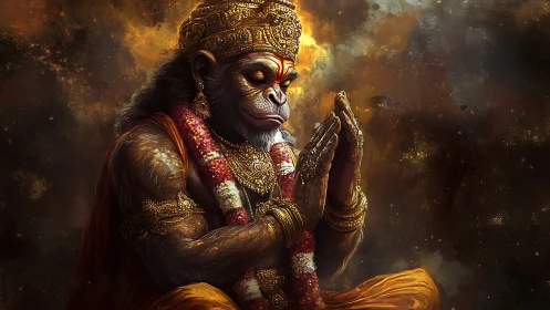Divine monkey warrior sits in radiant golden meditation