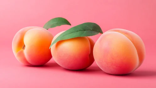 Triad of ripe peaches on monochrome pink studio background