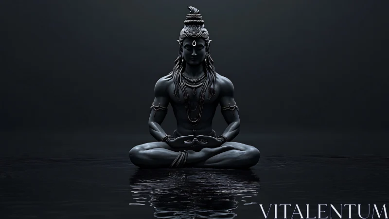 Meditating deity statue rests over still reflective water.