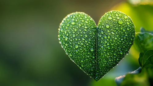 Macro botanical heart leaf with morning dew droplets focus.