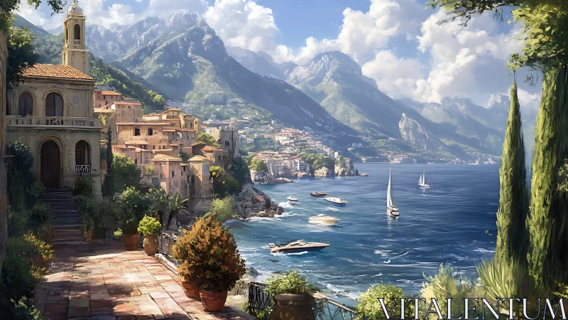 Sunlit coastal village welcomes boats along a calm blue bay