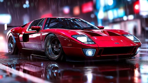 Red sports car on wet neon city street at night.