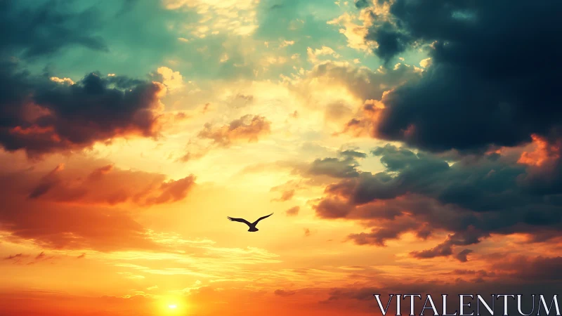 Solitary bird glides across a vivid, storm-kissed sunset sky