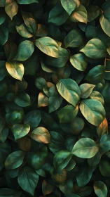 Dense green foliage background with golden leaf accents.