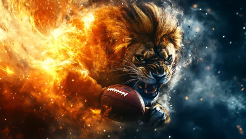 Roaring lion surging through fire and smoke with football.