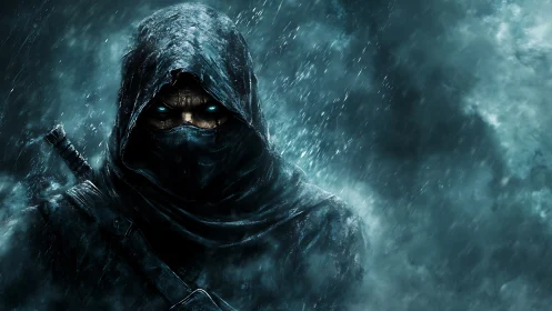 Hooded rogue in rainstorm rendered as high-contrast digital art