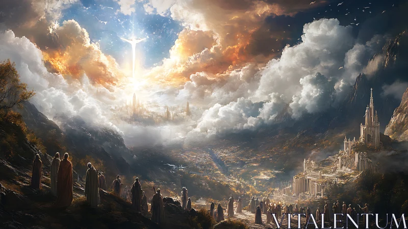Hooded figures watch radiant celestial city emerge from clouds