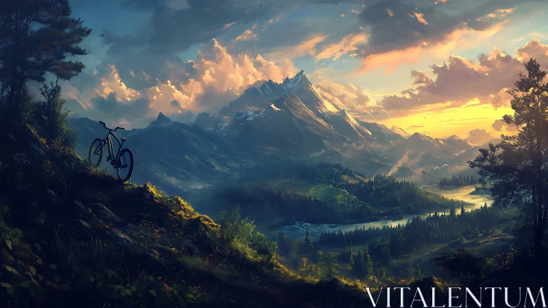 Mountain Landscape with Cyclist at Sunset.