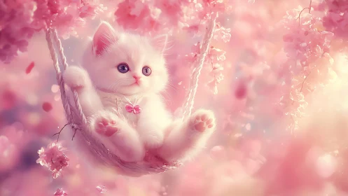 White Kitten on Flower Swing in Pink Ethereal Garden Scene.