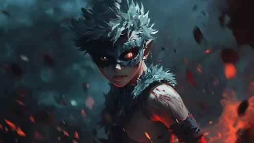 Masked warrior stands amid embers and swirling smoke