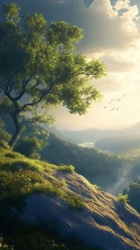 Soft morning light gently awakens a tranquil green valley