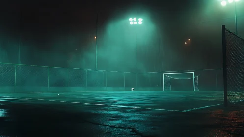 Midnight rain wraps a quiet urban soccer field in light