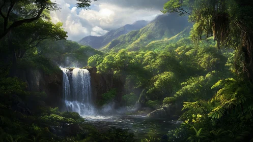 Enchanted Waterfall Nestled in Lush Tropical Mountains