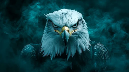 Intense Bald Eagle Portrait in Dramatic Blue Smoke Digital Art.