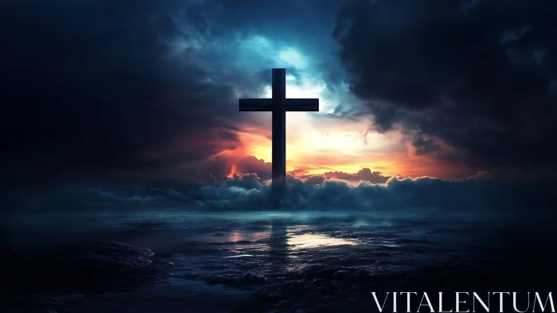Cross silhouette stands over reflective water at sunset