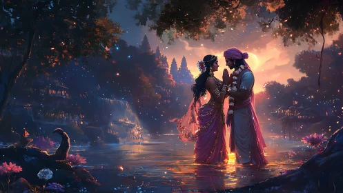 Couple stands in shallow water at dusk under glowing sky