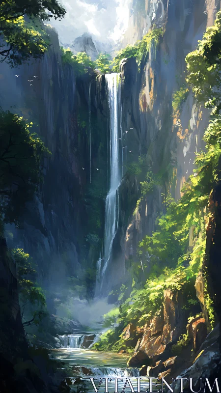 Vertical rainforest canyon waterfall rendered in luminous digital brushwork