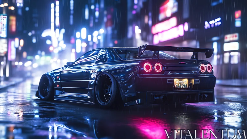 Modified sports coupe on wet neon city street at night.