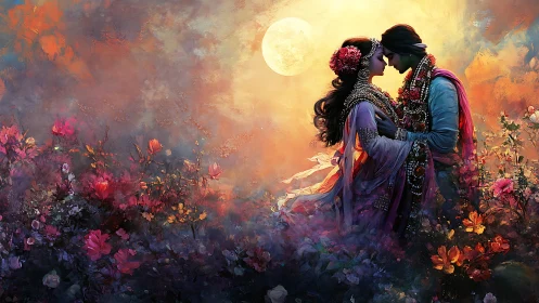 Moonlit Lovers in Enchanted Flower Garden.