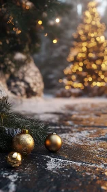 Golden ornaments rest on snowy stone before glowing tree.