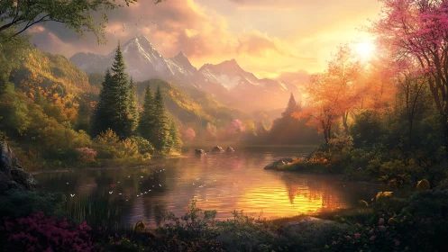 Sunlit alpine lake under glowing autumn forest canopy.