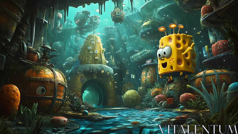 Cheerful sponge character explores a glowing undersea town