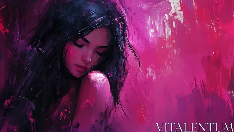 Melancholic woman bathed in vivid magenta brushstrokes.