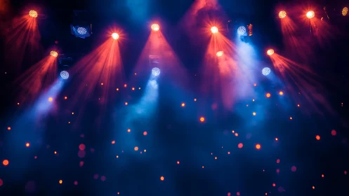 Stage lights paint electric haze in neon red and blue glow.