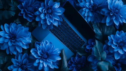 Laptop keyboard surrounded by dense blue dahlia flowers