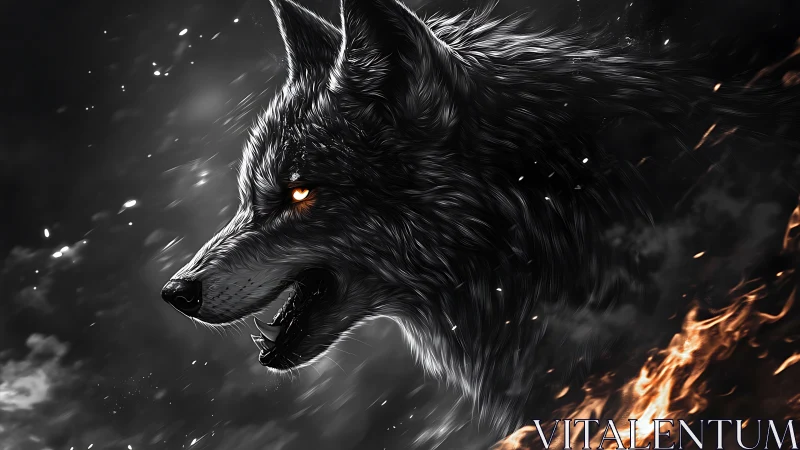 Fierce black wolf head with glowing eye and rising fire