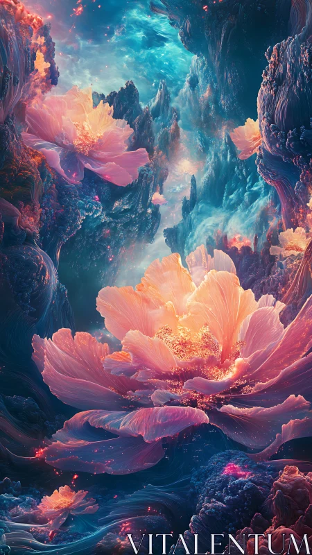 Glowing cosmic flowers floating in an abstract nebula scene.