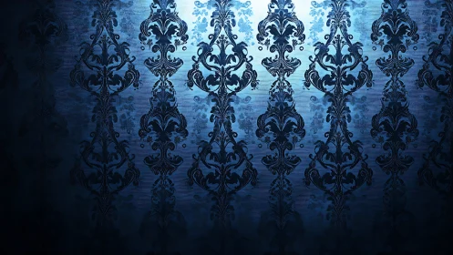 Ornate blue damask wallpaper under dramatic side lighting.