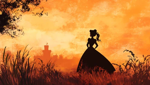 Silhouette of woman in field with distant castle at dusk.