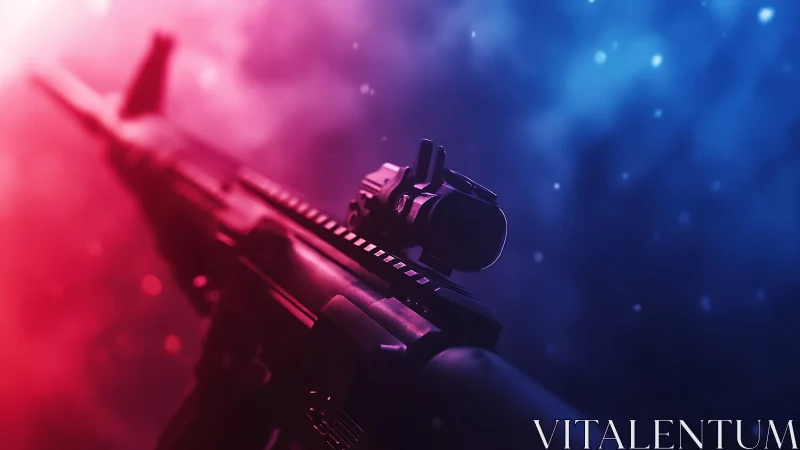 Tactical Rifle with Scope Against Neon Gradient Background.